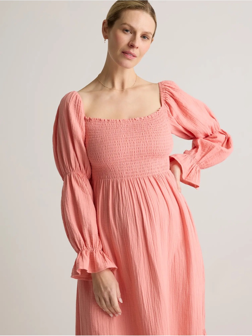 Quince Women's Smocked Bodice Long Sleeve Midi Maternity Dress - Coral pink - Picture 10 of 11